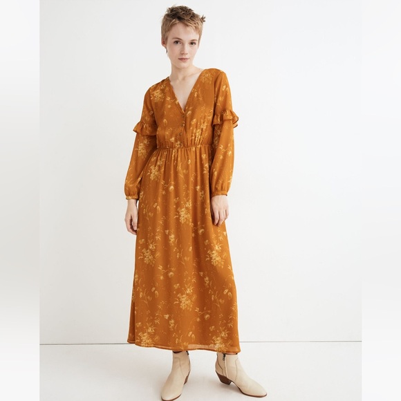 Madewell Ruffle Sleeve Button Front Dress Tonal Brown Size 6 - Picture 3 of 13